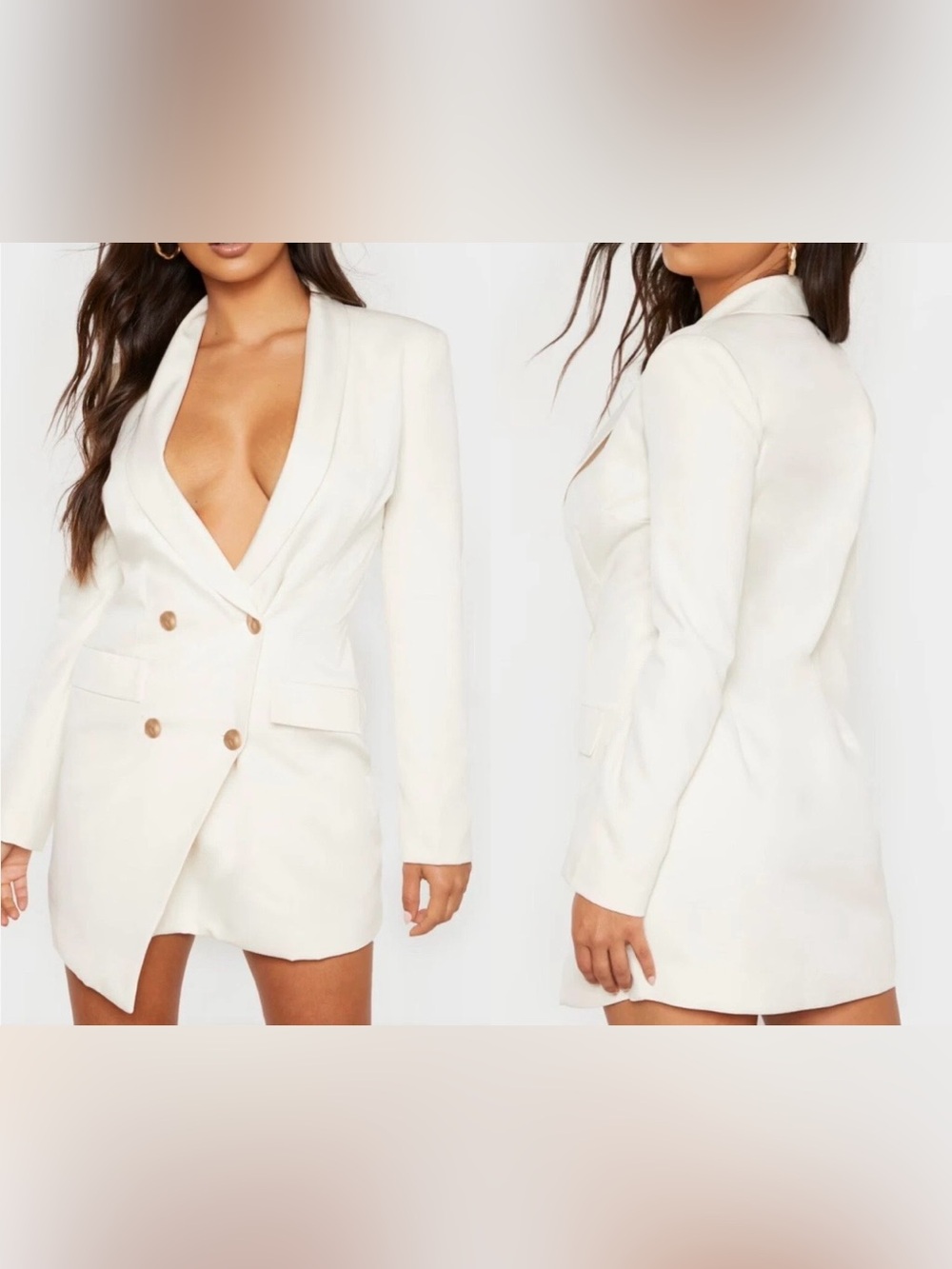 PrettyLittleThing Cream Double-Breasted Blazer Dress with Gold Buttons size 6